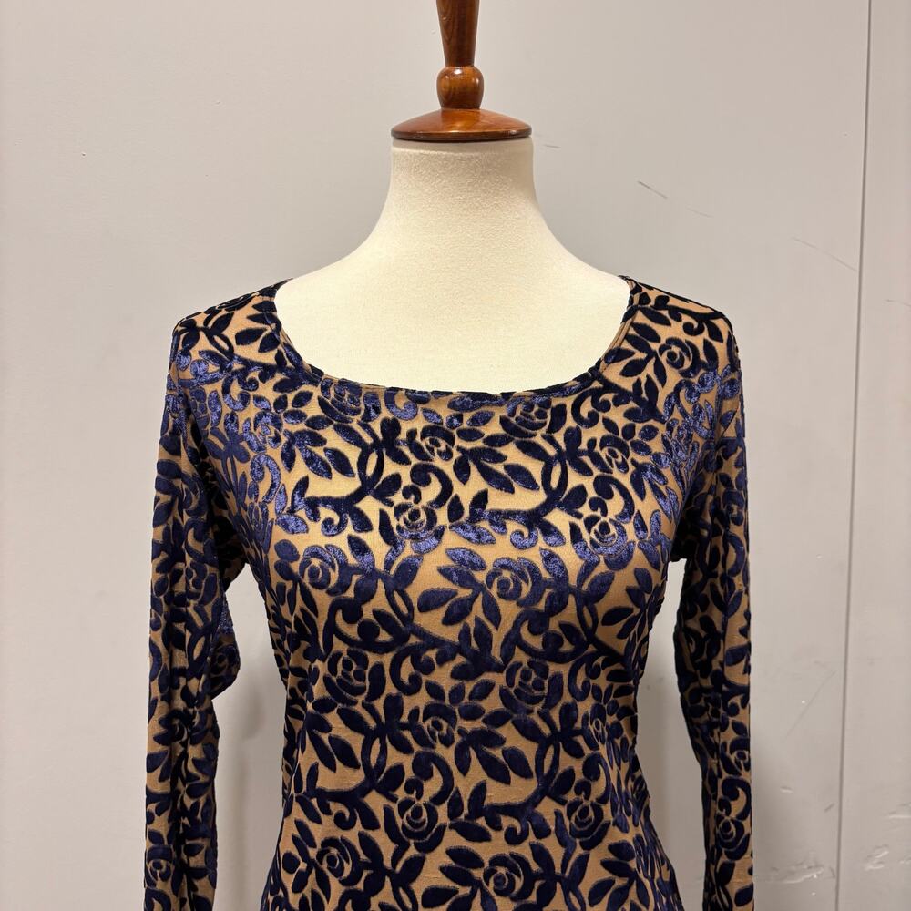 Vintage 90s Whimsigoth Velvet Burnout Top Blue Rose Floral Y2K Grunge Fairy L